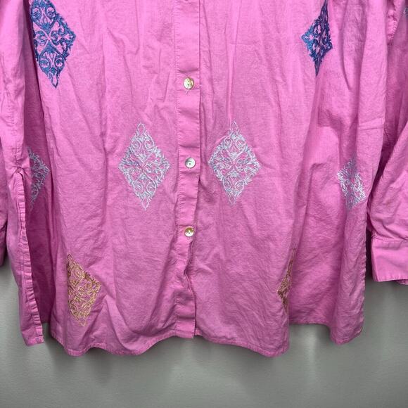 J. Jill Embroidered Button Up Tunic Top Shirt Sz XL Pink Cotton Casual Mature - Picture 5 of 9